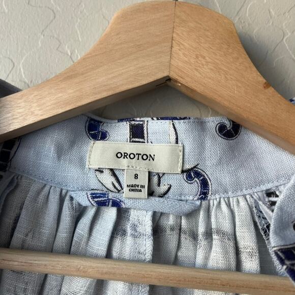 Oroton Dress Linen Lace Flower Smock Blue Floral Print Tie Neck Mini Dress 8 - Picture 5 of 10